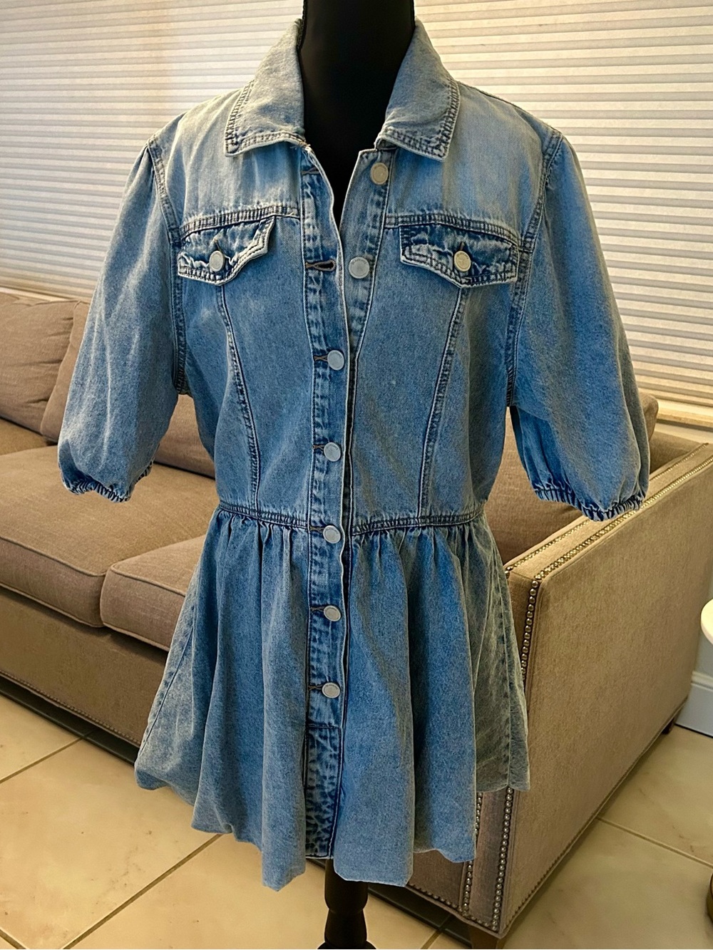 Blank NYC Light Denim Button-Front Dress with Puff Sleeves & Bubble Skirt
